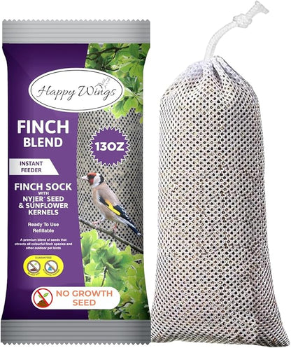 Happy Wings Finch Blend Bird Food, Mix of Sunflower Hearts/Kernels and Nyjer Seed Wild Bird Food-13 Ounce Pack of 2 | Prefilled Sock | No Grow Seed I Bird Seeds for Wild Birds