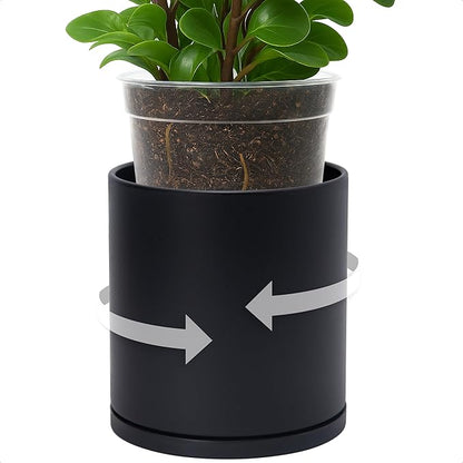 D'vine Dev Double-Layer Planter Set – Rotating Plastic Cachepot with Clear Inner Liner for Root Health, Perfect for Indoor Plants, 6.5", Black, 73-U-B-2