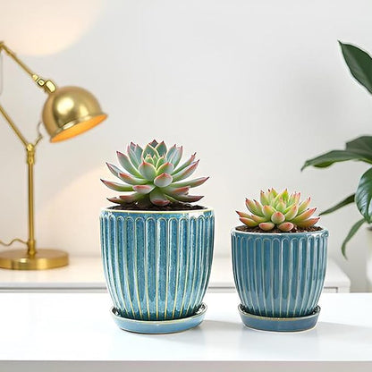 5 + 6 Inch Glaze Blue Ceramic Plant Pots with Drain Hole & Saucer, Flower Pots for Indoor/Outdoor Plants - Succulent, Snake Plant, Money Tree, Aloe Vera, Basil Planter
