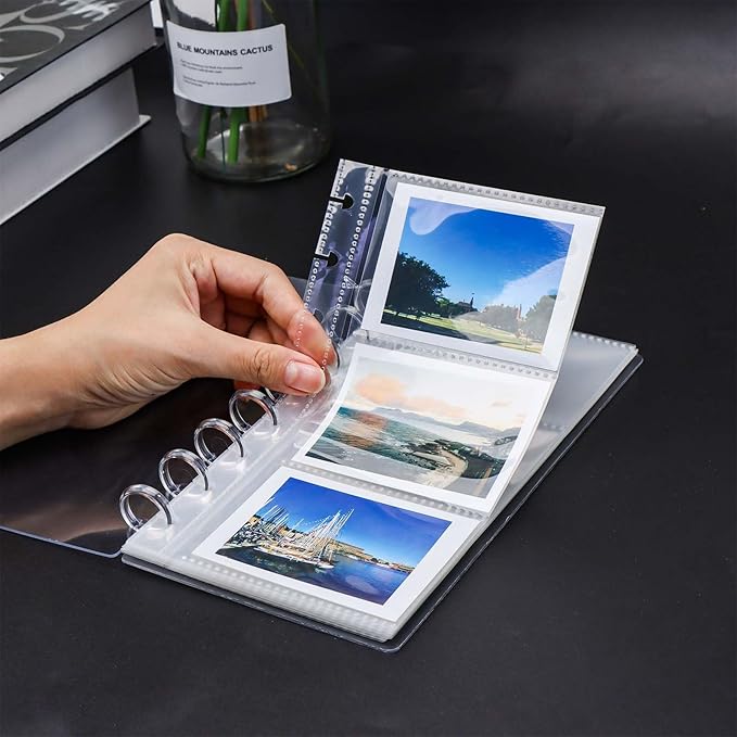 Discbound Photo Album with Clear PET Cover 20 Sheets Clear PP Sleeves 8 Discs Bound Organizer Left Side Open Pockets for Cash Money Stickers Photos Cards (8 Rings 3 Pockets)