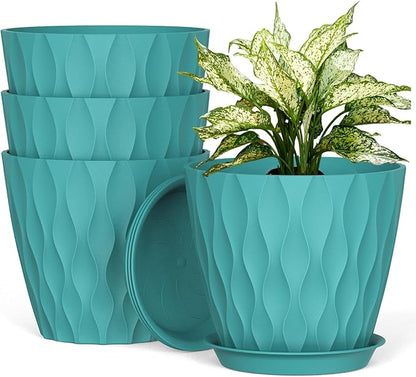 8 Inch Plant Pots, 4 Pack Plastic Planters for Indoor Outdoor with Drainage Holes & Saucers, Waffle Texture Flower Pots for Indoor Plants, Indoor Plant Pots for Monstera, Fiddle Leaf Fig Blue