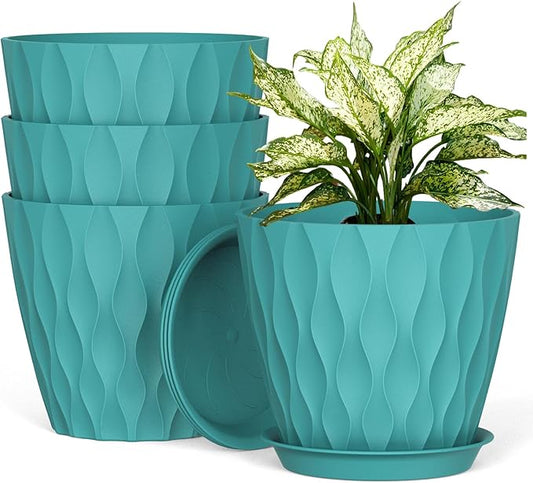 8 Inch Plant Pots, 4 Pack Plastic Planters for Indoor Outdoor with Drainage Holes & Saucers, Waffle Texture Flower Pots for Indoor Plants, Indoor Plant Pots for Monstera, Fiddle Leaf Fig Blue