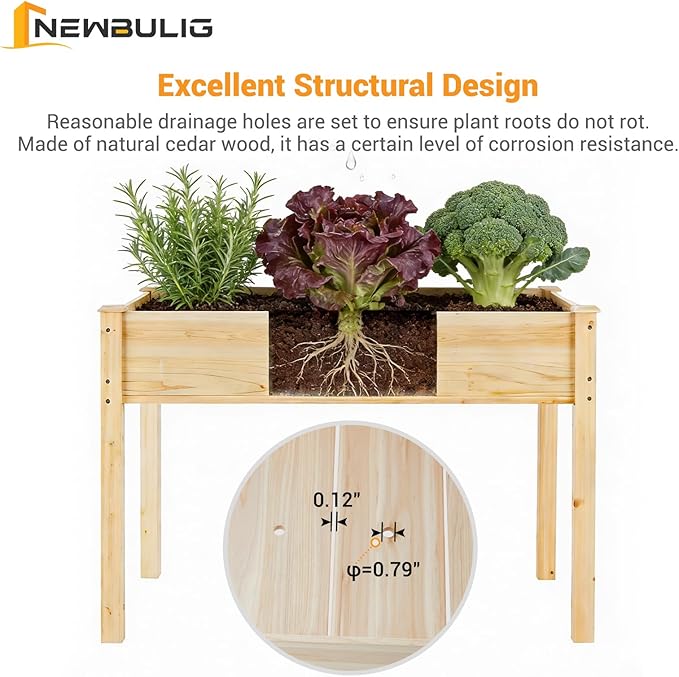 NEWBULIG Raised Garden Bed with Legs 48x24x30in,Elevated Wood Planter Box Stand for Outdoors Garden Balcony Courtyard, Natural Wood 300 Pound Capacity, for Planting Herbs Flowers Vegetables