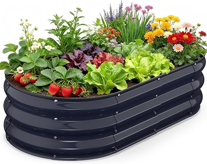 Raised Garden Bed 4×2×1 FT, Galvanized Metal Raised Planter Box Decorative Vegetable & Flower Planting Container for Patio Entryway Poolside Outdoor Landscaping Midnight Blue