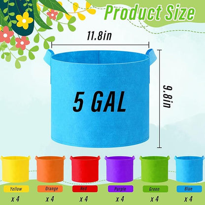 24 Pcs Multicolor Plant Grow Bags Large Grow Bags Fabric Planter Thickened Non Woven Fabric Pots with Handles for Indoor Outdoor Garden Planting Seeds Flower, 6 Colors (5 Gallon)