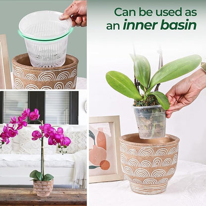 T4U Orchid Pot, 6 Pack 4.3 Inch Orchid Pots with Holes and Saucers, Clear Orchid Pots for Repotting, Plastic Flower Plant Pot for Indoor Outdoor Plants, Slotted Orchids Planter for Root Health