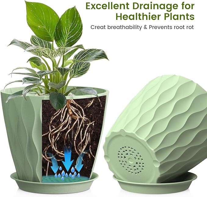 8 Inch Plant Pots, 4 Pack Plastic Planters for Indoor Outdoor with Drainage Holes & Saucers, Waffle Texture Flower Pots for Indoor Plants, Indoor Plant Pots for Monstera, Fiddle Leaf Fig, Green