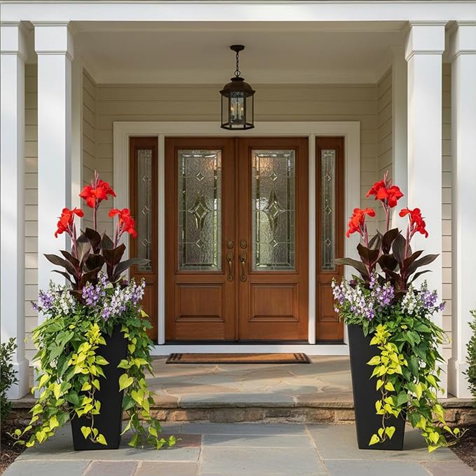GreenShip 27 inch Tall Planters for Indoor Outdoor Plants, Set of 2 - Large Black Flower Pots with Drainage & Inner Shelf, Modern Decorative Garden Pots for Porch, Patio, Front Door
