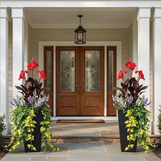 GreenShip 27 inch Tall Planters for Indoor Outdoor Plants, Set of 2 - Large Black Flower Pots with Drainage & Inner Shelf, Modern Decorative Garden Pots for Porch, Patio, Front Door