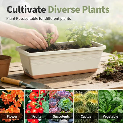 Window Box Planter, 6 Pack Plastic Vegetable Flower Window Planters Boxes 16 Inches Rectangular Flower Pots with Drainage Holes and Saucers (White)