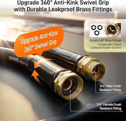 Garden Hose, 50ft 5/8" Heavy Duty Rubber Water Hose, 550 PSI Burst, 360° Anti-Kink Swivel Connectors, All-Weather Flexible, Leakproof 3/4" Brass Male to Female Fittings