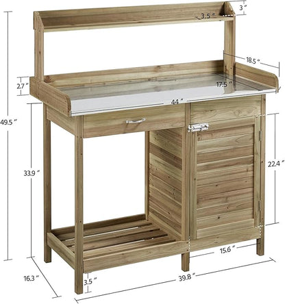 Topeakmart Garden Potting Bench Potting Table ACQ Lumber Wood Outdoor Work Station Work Bench Planting with Cabinet & Drawer & Top Shelf & Lower Shelf Light Green