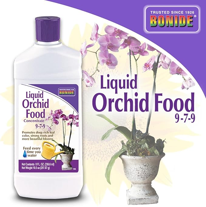 Bonide Liquid Orchid Food 9-7-9, 8 oz Concentrate Liquid Fertilizer for Strong Roots & Blooms, Use When Watering
