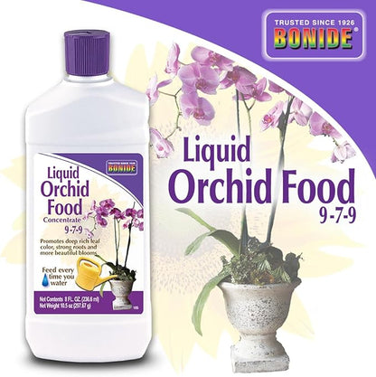 Bonide Liquid Orchid Food 9-7-9, 8 oz Concentrate Liquid Fertilizer for Strong Roots & Blooms, Use When Watering