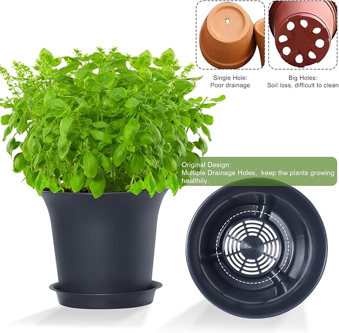 Planter Pots 8 Packs, 7.2 Inches Flower Pots with Drainage Holes & Trays, Ideal for Succulents, Herbs, Flower, African Violet, Garden Plant Pots for Home Garden Kitchen Decor (Dark Grey-2)