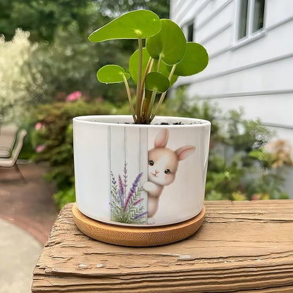 DreamAutumn Easter Bunny Peeking Ceramic Pots for Plants with Drainage Holes Round Flower Pot Bamboo Tray Orchid Pot Succulents Pots for Outdoor Indoor Plants
