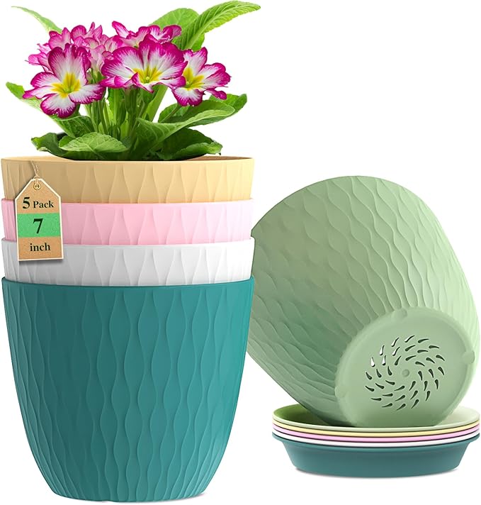 7 inch Plant Pots, 5 Pack Flower Pots with Drainage Holes and Saucers for Indoor Plants, Plastic Planters with Water Ripple for Small Garden House Plants, Nursery Pots for Succulent, Colorful