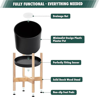 D'vine Dev Planter Pot with Stand - 10 Inch Plastic Cylinder Flower Pot with Wood Planter Holder for Indoor, Matte Black Pot + Natural Stand, 55-C-M-2