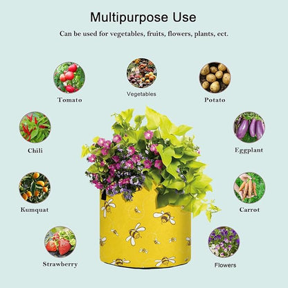 5 Gallon Flying Bees Yellow Floral Breathable Tomato Grow Bags Heavy Duty Plant Pot Containers with Handles for Potato Fruits Flowers Vegetables