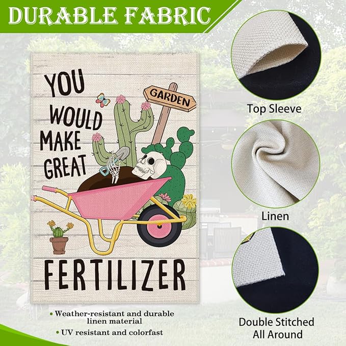 Hafhue You Would Make Great Fertilizer Cute Garden Flag, 12 x 18 Inch Double Sided Holiday Outdoor Farmhouse Lawn Decor Flag, Dinosaur Skeleton Yard Flag Gift for Planting Lover, Fall Outdoor Décor