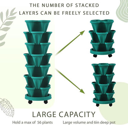 Umigy 2 Set of 7 Tier Vertical Planter Stackable Tower Planters Strawberry Herb Flower and Vegetable Pots Indoor Outdoor Gardening Pots with Removable Wheels and Tools(Green)