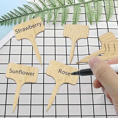 60Pcs Bamboo Plant Tags (6 x 10 cm) T-Type Plant Tags with A Marker Pen, House Plant Labels Garden Markers for Bamboo, Herb, Vegetable
