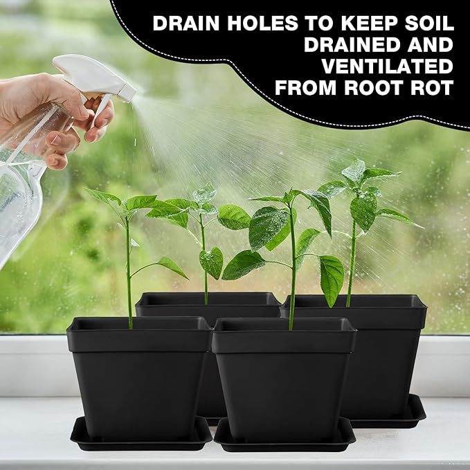 Amyhill 4 Inch Flower Pots Square Plants Nursery Pot Plastic Plant Seedling Pots Nursery Transplanting Planter Container with Saucer for Indoor Herbs Succulent Balcony Garden(Black,100 Pcs)