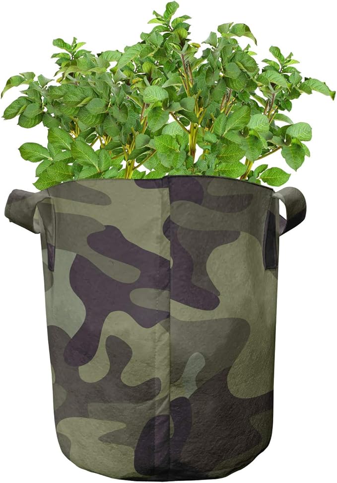 Ambesonne Khaki Grow Bags 5-Pack, Camouflage Motif Camo Stains, Heavyduty Fabric Pots with Handles for Plants, Green Brown