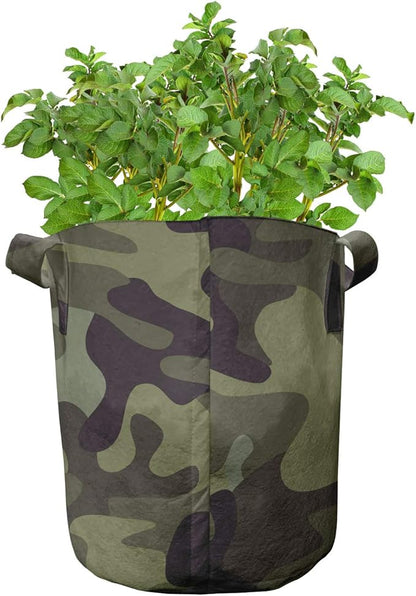 Ambesonne Khaki Grow Bags 5-Pack, Camouflage Motif Camo Stains, Heavyduty Fabric Pots with Handles for Plants, Green Brown