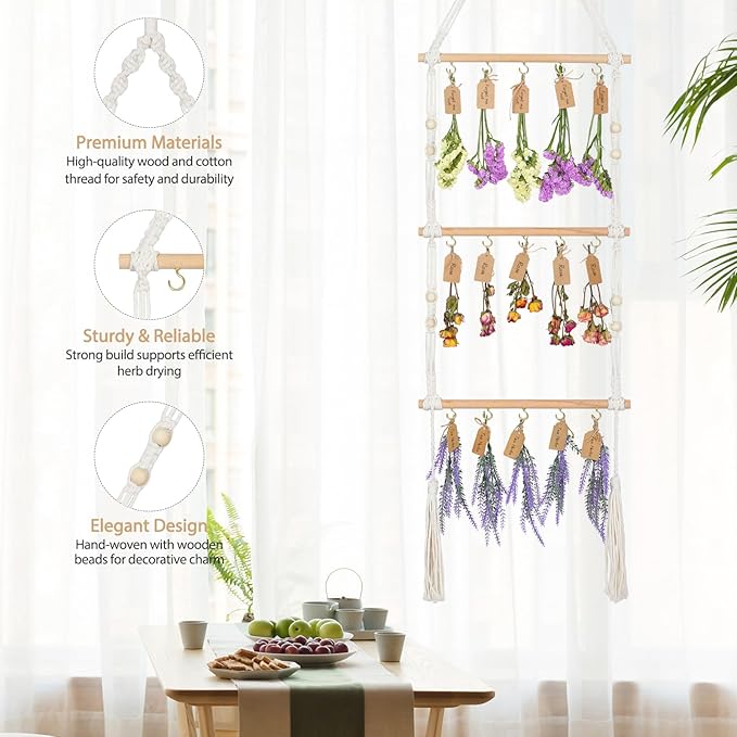3-Tier Hanging Herb Drying Rack – Includes 30 Brown Gift Tags & 32ft Natural Jute Twine – Handwoven Boho Style Plant Hanger for Drying Herbs, Flowers, Sage – 47" Tall, Home Décor & Gift Idea