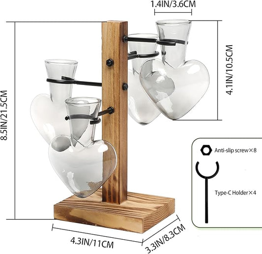Plant Terrarium Propagation Stations with Wooden Stand, Glass Vase for Indoor Hydroponics Home Garden Office Decoration Gift for Women - 4 Love Bulb Vase