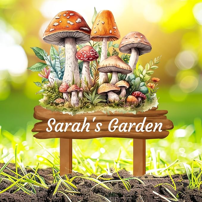 Custom Mushroom Garden Sign with Stakes, Personalized Metal Mushroom Garden Stake Sign, Colorful Mushroom Vintage Art Garden Name Sign Outdoor Yard Art Address Sign Garden Decor for Outside