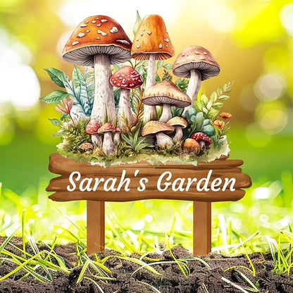 Custom Mushroom Garden Sign with Stakes, Personalized Metal Mushroom Garden Stake Sign, Colorful Mushroom Vintage Art Garden Name Sign Outdoor Yard Art Address Sign Garden Decor for Outside