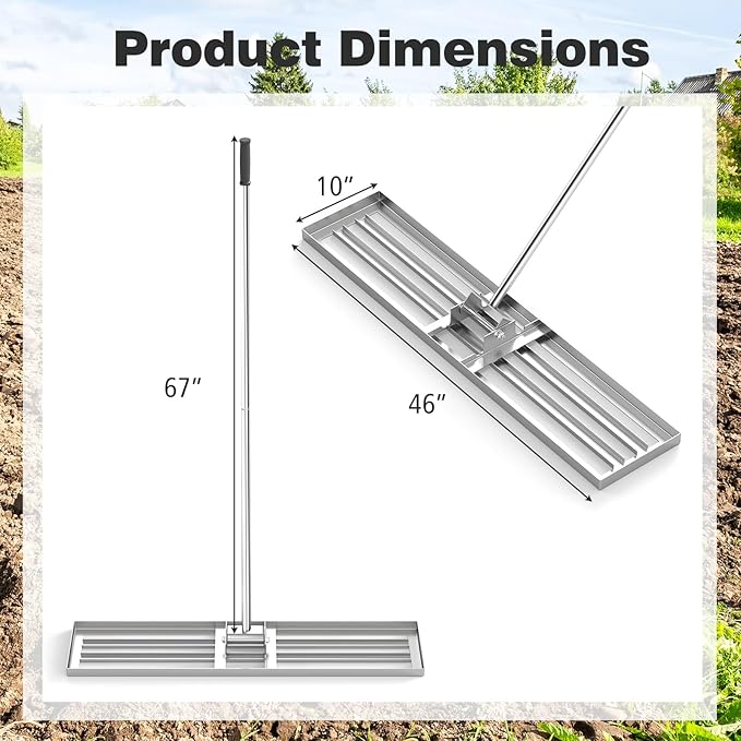 46" x 10" Lawn Leveling Rake, Heavy Duty Landscape Rake with 67" Handle, Non-Slip Grip & Flat Head, Space-Saving Lawn Level Tool for Garden, Backyard, Golf Course & Sports Field(Silver)