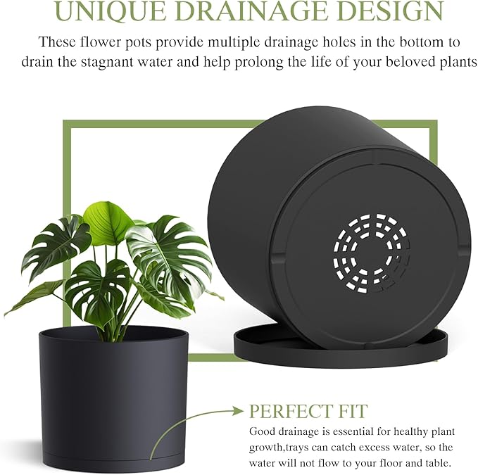 (3 Pack) 10 Inch Plant Pot with Drainage and Saucers, 10/9/8 Inch Plastic Plant Pots for Indoor Plants, Modern Round Planter Set for Flowers, Herbs, Garden Decor (Black)