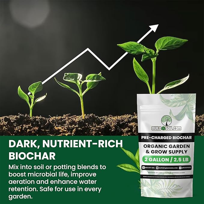 BuildASoil Pre-Charged Biochar Organic Soil Amendment for Plants, No-Till Friendly, 2–5% Mix Rate, Clay Soil Conditioner with Organic Perlite & Horticultural Charcoal Blend, 2 Gallon/2.5 lb