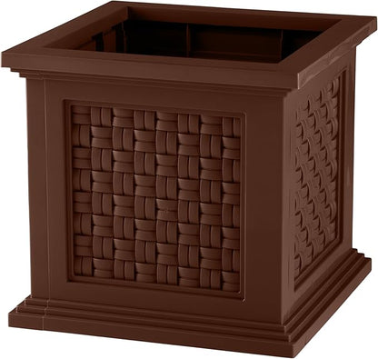 Rattan Style Outdoor Planter Box - 14.65-Inch-Square Decorative Flower or Plant Pot - Garden, Patio and Front Porch Decor by Pure Garden (Brown)