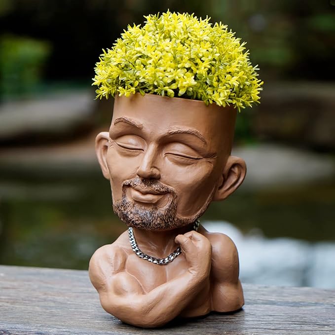 Unique Plant Pots Face Planters, Funny Plant Pots Head Planter, Men Face Planters Pots Head, Beefcake Face Vase with Drainage Hole (Brown)