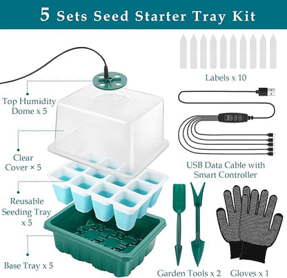 Seed Starter Tray with Grow Light, 60 Flexible Cells 5 PCS Seed Starter Kit, Reusable Seedling Starter Trays with Humidity Dome and High Lid, Germination Trays for Indoor Greenhouse Seed Starter