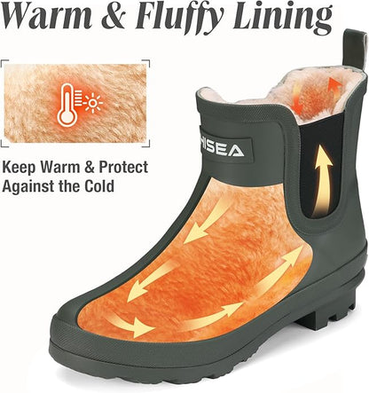 HISEA Women's Plush Rain Boots Waterproof, Chelsea Rubber Booties Women, Ladies Ankle Snow Boots for Winter Spring Garden Outdoor