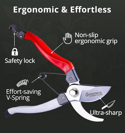 Gardeness Pruning Shears, Professional Bypass Heavy Duty Garden Pruner Secateurs – Lightweight Easy Grip Hand Pruners Branch Clippers for Gardening, Trimming, Harvesting. Made in Taiwan