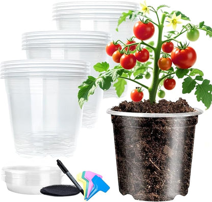 Transparent Plant Pot with Drainage Holes, Flower/Seed Starter Pots,Clear Plastic Nursery Pots for Plants with Plant Labels+Saucers+Mesh Pads+Marker (6 inch * 15)