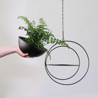 Hajia 1 Pack Moon Shaped Hanging Plant Holder with 8 Inch Detachable Pot, Black Metal Plant Hanger for Indoor Outdoor, Minimalist Hanging Planter for Wall Ceiling Decor.（with Drainage Holes）