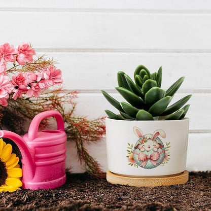 DreamAutumn Easter Bunny Peeking Ceramic Pots for Plants with Drainage Holes Round Flower Pot Bamboo Tray Orchid Pot Succulents Pots for Outdoor Indoor Plants