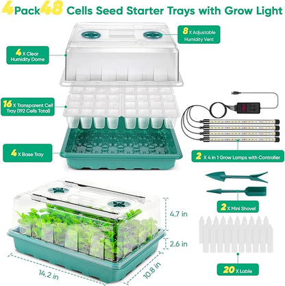 192 Cells Seed Starter Tray with Grow Light, Seed Starter Kit with Adjustable Humidity Dome, Seed Starting Trays Plant Starter Kit for Seeds Growing Starting, Indoor Gardening, Greenhouse