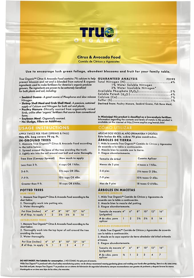 True Organic Citrus & Avocado Food – Organic Fertilizer for Lush Foliage and Abundant Fruit – 4lb Bag Covers 70 Sq. Ft.