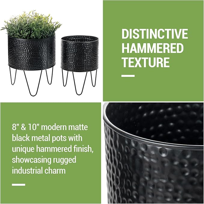 MyGift 8 and 10 Inch Modern Matte Black Metal Planter Pots with Pebbled Texture, Hammered Plant Containers with Matte Black Wire Stands, 2 Piece Set - Handcrafted in India