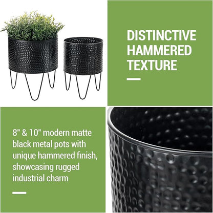 MyGift 8 and 10 Inch Modern Matte Black Metal Planter Pots with Pebbled Texture, Hammered Plant Containers with Matte Black Wire Stands, 2 Piece Set - Handcrafted in India