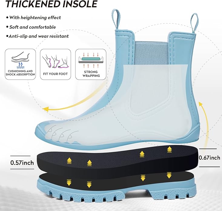 DKSUKO Rain Boots Women Waterproof Chelsea Boots Ankle Garden Shoes for Ladies Rubber Short Rainboots with Removable Comfort Insole for Outdoor Work Deck Mud Boots