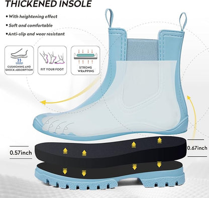 DKSUKO Rain Boots Women Waterproof Chelsea Boots Ankle Garden Shoes for Ladies Rubber Short Rainboots with Removable Comfort Insole for Outdoor Work Deck Mud Boots